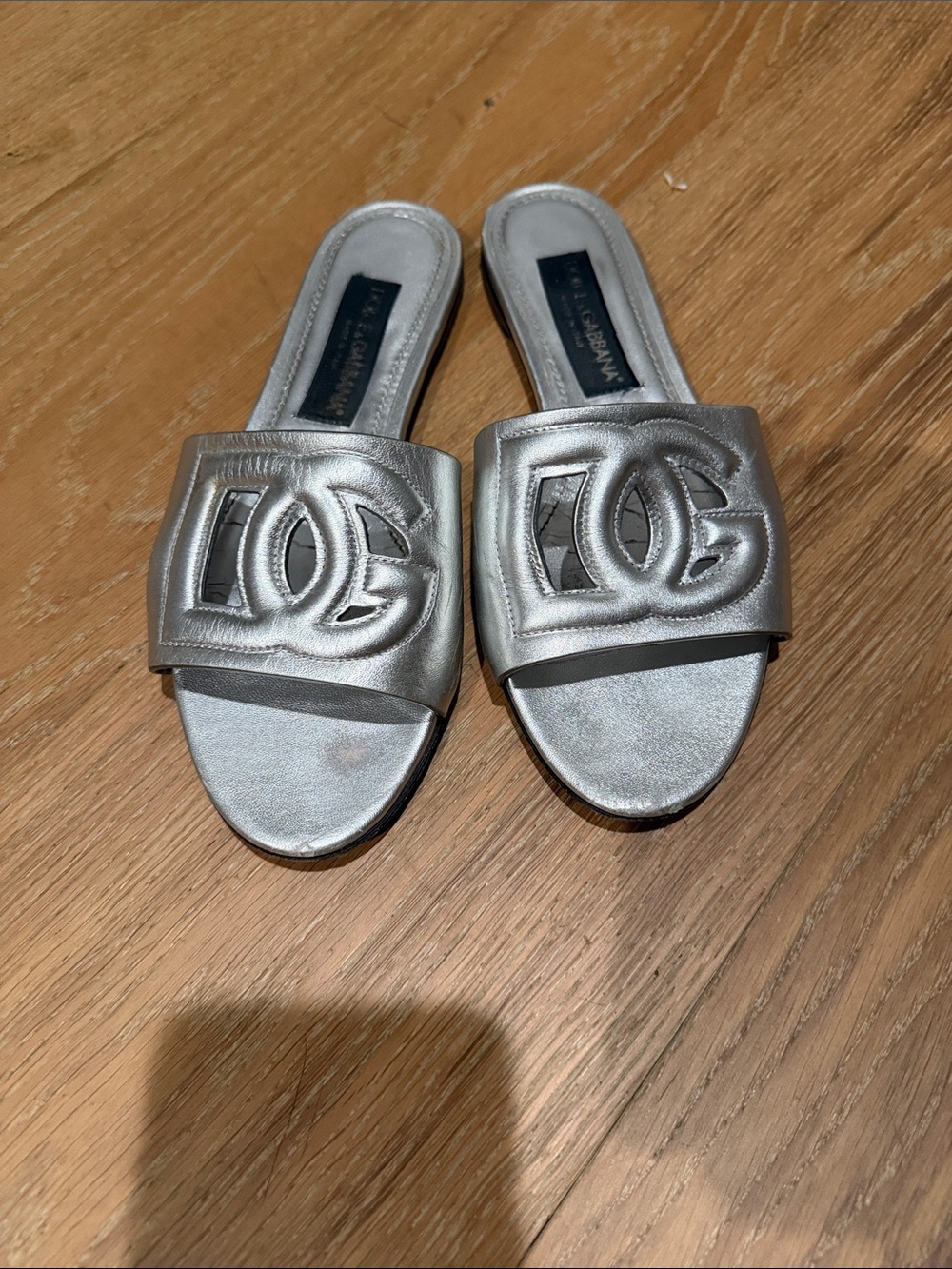 Dolce & Gabbana Metallic Silver DG Logo Slide Sandals